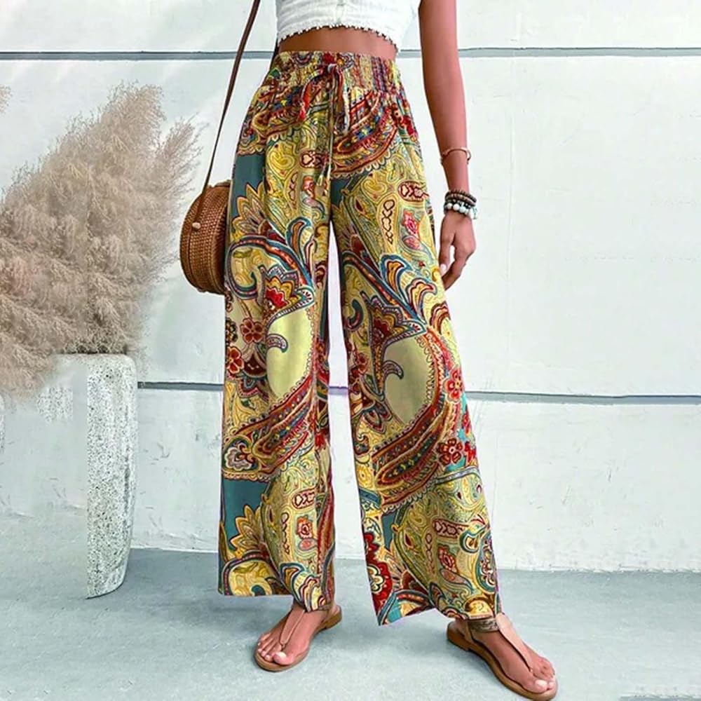 Women Fashion Beach Pants Belted Frilled Waist Tropical